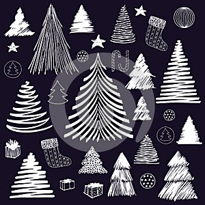 Big set of Christmas Tree doodle. Hand drawn vector sketch. Isolated elements for New Year and Christmas holiday design