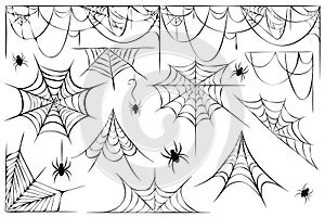 big set of cobwebs and hanging spiders silhouette isolated on white. line art of spider webs and spiders for halloween. Spooky