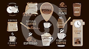Big set of Coffee emblems or stickers with coffee illustrations. Logotypes. Arabica, espresso, latte. Big vector collection.