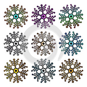 Big Set of collorful metallic Futuristic snowflake isolated on white background.