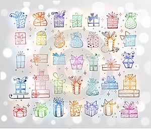 Big set of colored doodle christmas gift boxes on white glowing background.