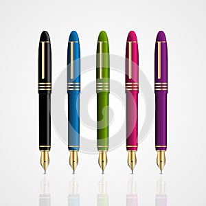 Big set of colored office ink pens on white background.