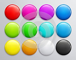 Big set of colorful glossy badge or button. 3d render. Round plastic pin, emblem, volunteer label. Vector.