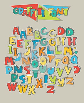 Big set of colorful graffiti letters isolated on beige background. Letters sequence from A to Z in two different color versions fo