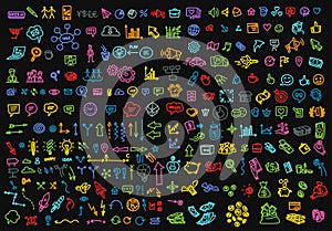 Big set colour business icons sketch outline line drawing by hand. Hand drawn collection vector. On a black background