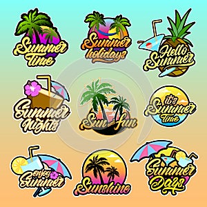 Big set of Colourful Summer logotypes in lettering style with sunset, sea, pineapples, cocktails, coconut, palm tree and beach