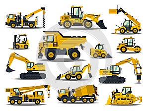 Big set of construction equipment. Special machines for the construction work. Forklifts, cranes, excavators, tractors