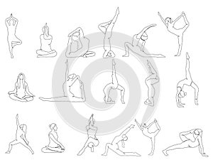Big set continuous line drawing of woman doing yoga.vecto