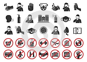 Big set of coronavirus icons. Preventive virus protection measures, quarantine icons, prohibition symbols, virus prevention