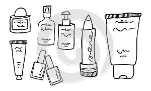 Big set of cosmetic items in minimalist hand drawn outline style. Cream dispenser, lipstick, lotion bottles, nail polish