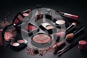 Big set of cosmetic makeup products, many different cosmetics, powder, lipstick, mascara, makeup brush, eyeshadow, concealer, nail