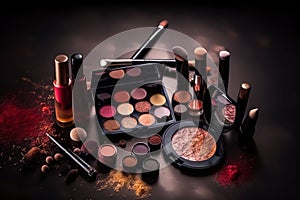 Big set of cosmetic makeup products, many different cosmetics, powder, lipstick, mascara, makeup brush, eyeshadow, concealer, nail