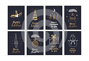 Big set of creative Christmas cards with gold hand drawn elements holiday.