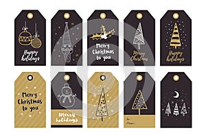 Big set of creative gift tags with hand drawing elements for Happy New Year and Christmas.
