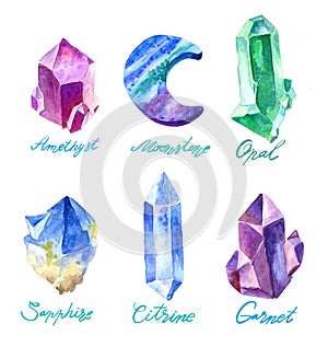 Big set of crystals in watercolor. Stones of amethyst and glass polygons, pebbles and other hand made.