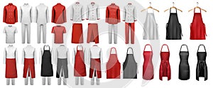 Big set of culinary clothing, white and red suits and aprons.