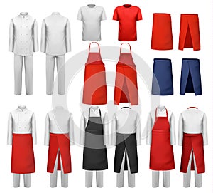 Big set of culinary clothing, white and red suits and aprons.