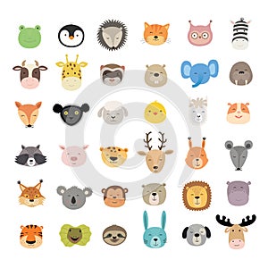 Big set of cute animal faces. Hand drawn characters. Vector illustration.