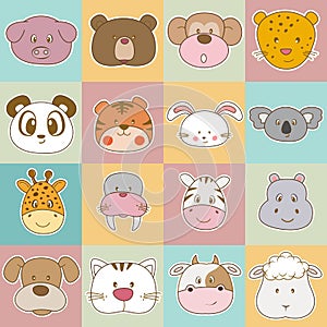 Big set cute cartoon animals faces. Vector illustration.