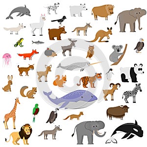 big set of cute cartoon animals isolated on white background, vector illustration for kids