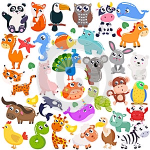 Big set of cute cartoon animals. Vector flat illustration