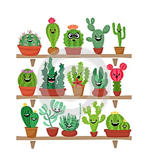 Big set of cute cartoon cactus and succulents with funny faces. Cute stickers or patches or pins collection. plants are