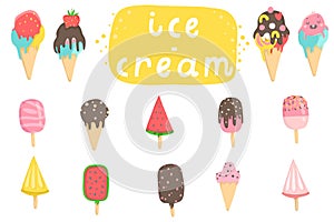 Big set of cute cartoon ice creams stickers photo