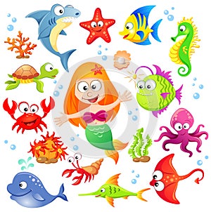 Big set of cute cartoon sea animals and mermaid