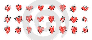 Big set of cute doodle red hearts with halftones