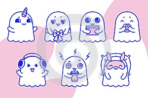 Big set of cute friendly ghosts in trendy colors, isolated vector illustrations