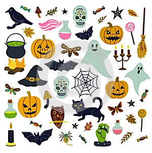 Big set of cute Halloween clip art. Angry pumpkins, bats and other elements and animals.
