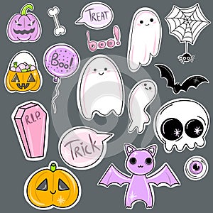 Vector Big set of cute halloween stickers. Ghosts, skull, coffin, pumpkin for holiday design.