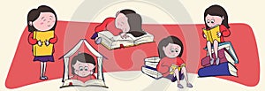 Big Set of Cute little girl, book lover enjoys reading big books and novels