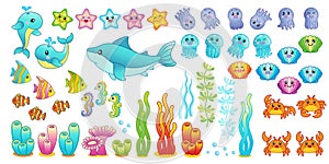 a big set of cute sea creatures, tropical fish, jellyfish, algae