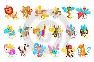 Big Set of Cute Winged Animals with Magic Wands, Flying Cat, Cow, Rabbit, Hippo, Lion, Squirrel Fantasy Characters