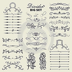 Big set of decorative flourishes hand drawn dividers. Victorian Collection ornate page decor elements banners, frames