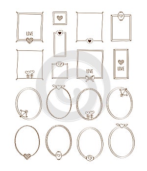 Big set of decorative oval and square vintage frames with hearts.