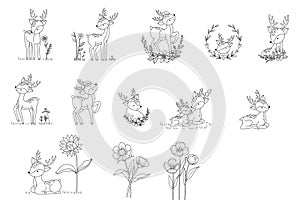 Big set deer animal cartoon with flower floral hand drawn,doodle,line art style Cute cartoon funny character. Pet collection