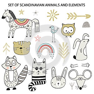 Big set of diferent cartoon animals. Cute handdrawn kids clip art collection. Vector illustration