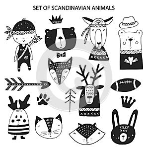 Big set of diferent cartoon animals. Cute handdrawn kids clip art collection. Vector illustration