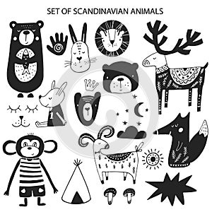 Big set of diferent cartoon animals. Cute handdrawn kids clip art collection. Vector illustration