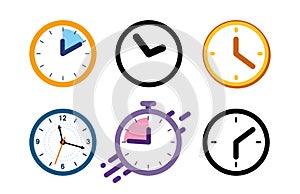 Big set of different color clock icons. Alarm clock, stopwatch.