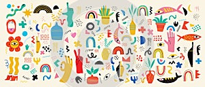 Big Set of Different colored Vector illustartions in Cartoon Flat design. Hand drawn Abstract shapes, funny Comic