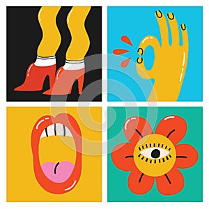 Big Set of Different colored Vector illustartions in Cartoon Flat design. Hand drawn Abstract shapes, funny Comic photo