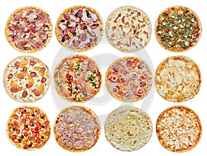 Big set of different pizzas: Ham with mushrooms, Barbecue, Peperoni`s, Mexican, Chicken