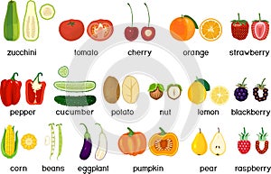 Big set of different ripe fruits and vegetables . Whole and cut in half