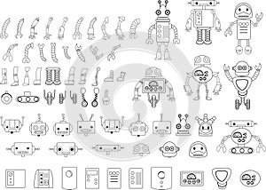 Big set of different robot parts in black and white