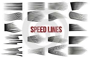 Big set of different simple black speed line. Comic Book Design Element Speed Lines Explosion Manga cartoon on white background.