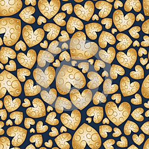 Big set of different size of hearts with swirls. Vector seamless pattern. Golden gradient background with love elements.