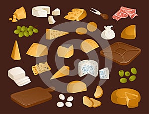 Big set of different types of cheeses and other appetizers for wine on a brown background. Vector illustration in photo